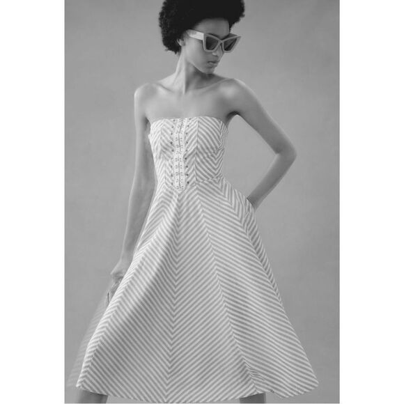 NEW Anthropologie Maeve Blue Chevron Striped Strapless A-Line Dress Medium - Picture 5 of 7